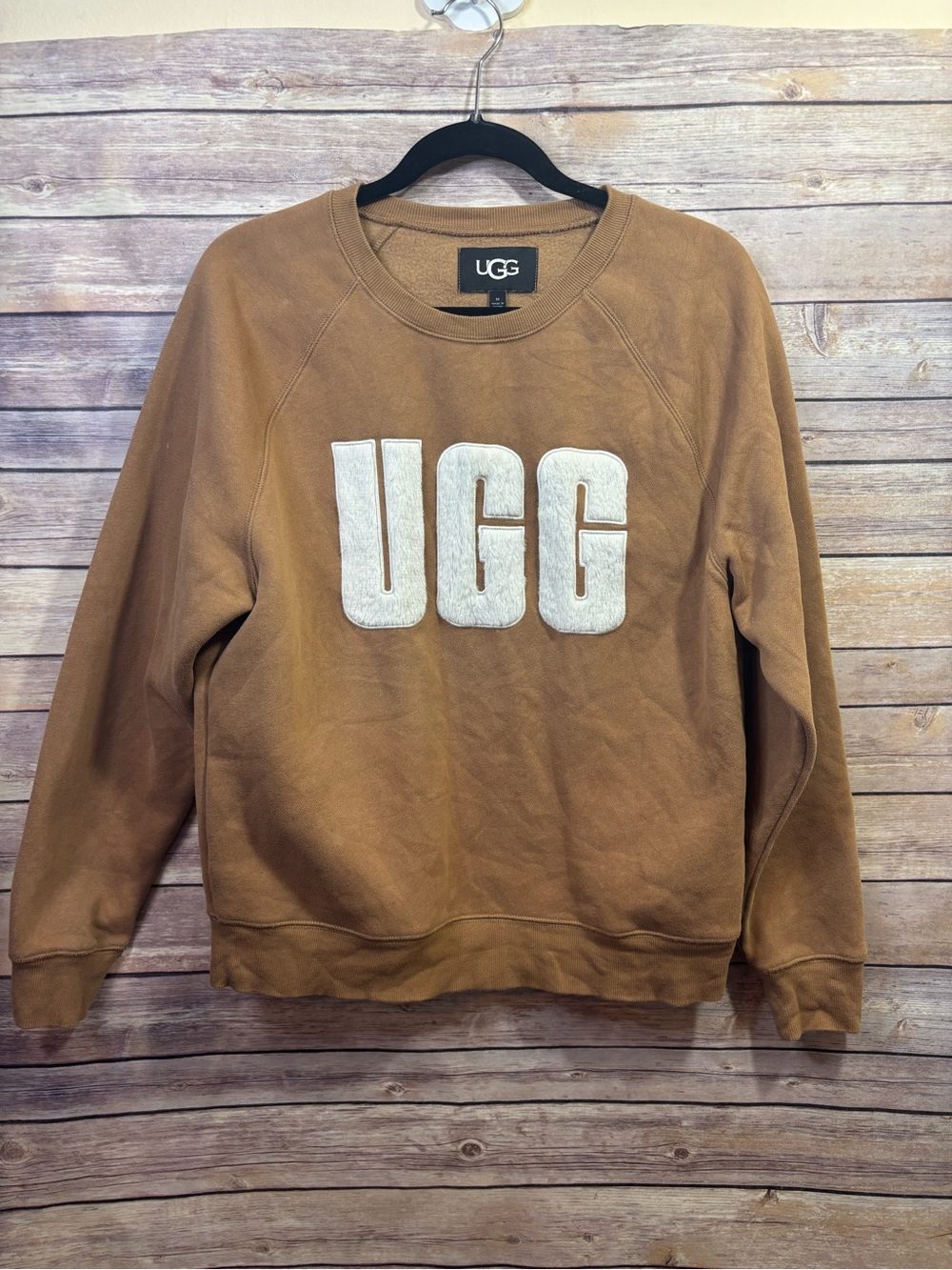 UGG Madeline Fuzzy Logo Crewneck Sweatshirt Womens M Brown Super Soft